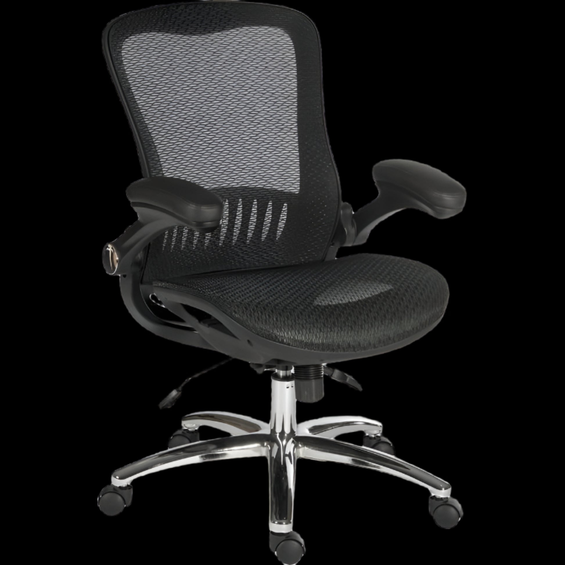 Black office chair with mesh back and chrome base on a black background