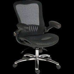 Black office chair with mesh back and chrome base on a black background