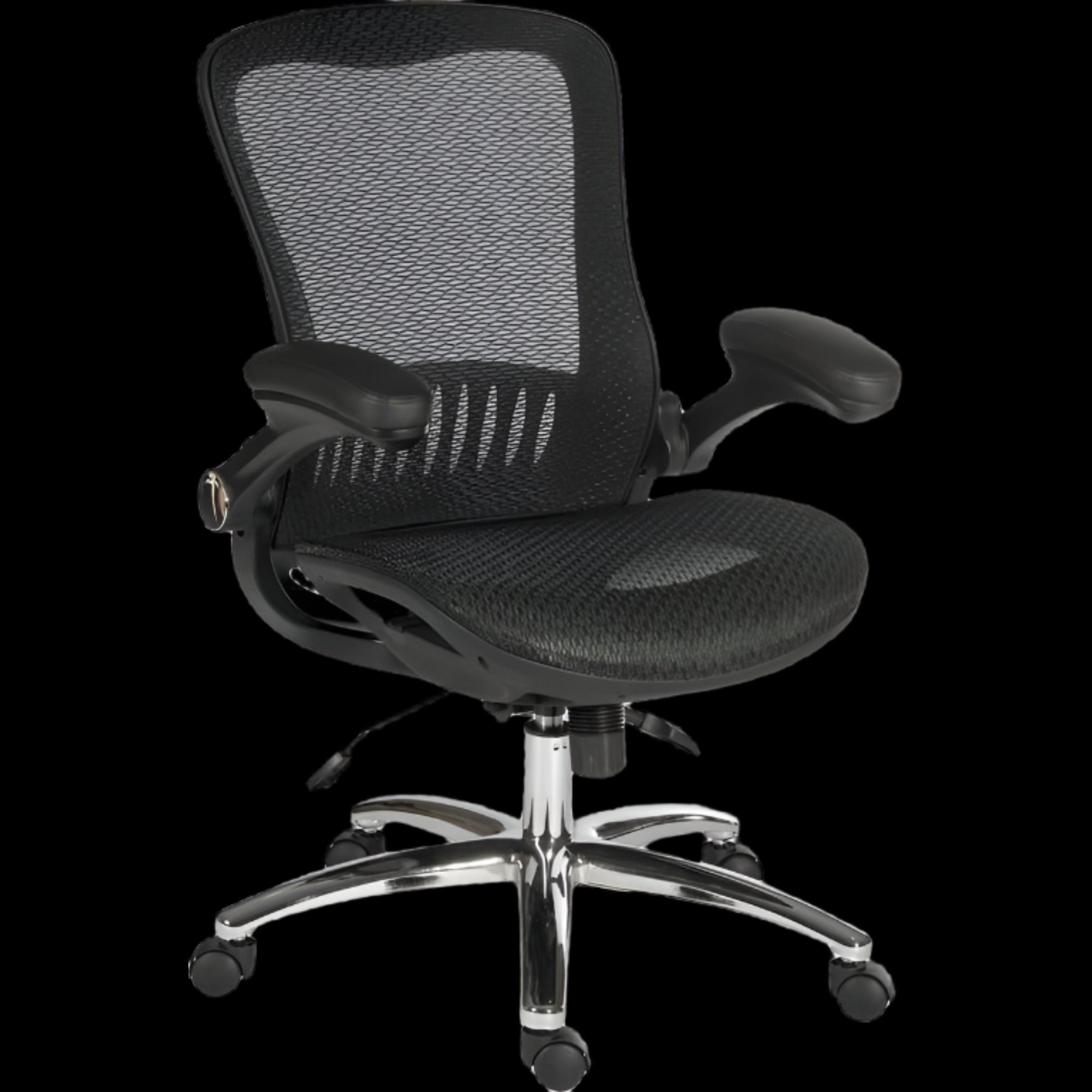 Black office chair with mesh back and chrome base on a black background