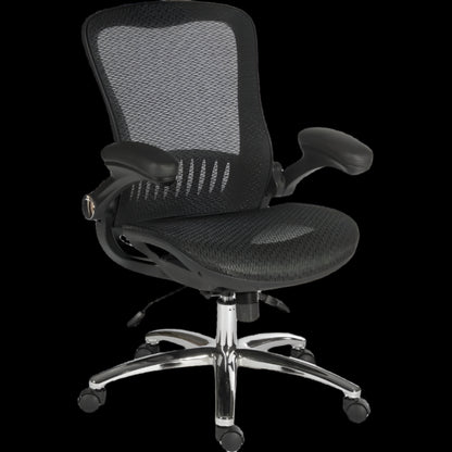 Black office chair with mesh back and chrome base on a black background