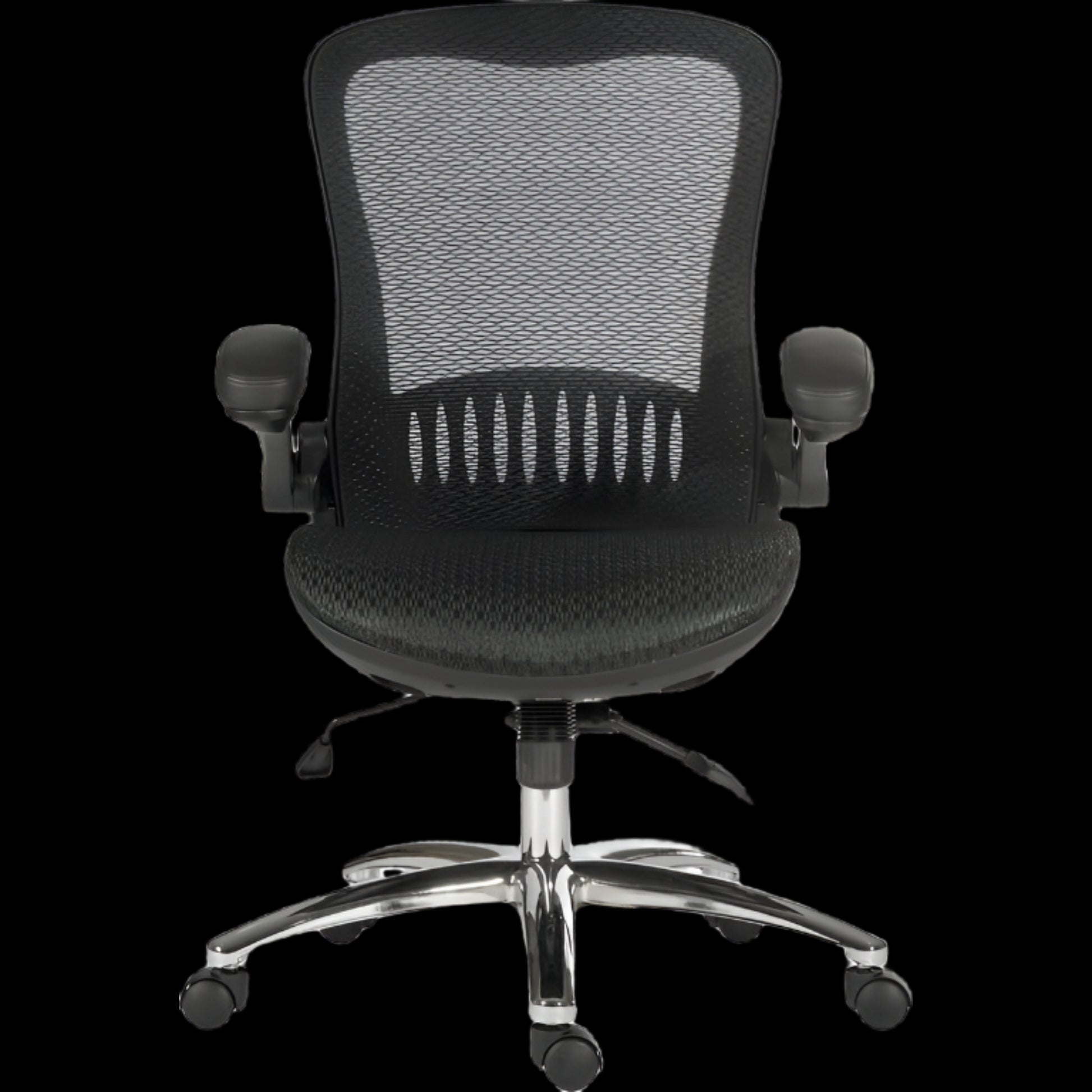 Black office chair with mesh back on a black background