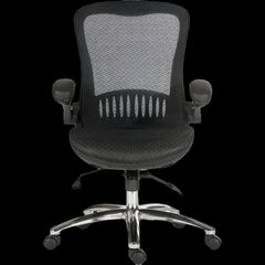 Black office chair with mesh back on a black background