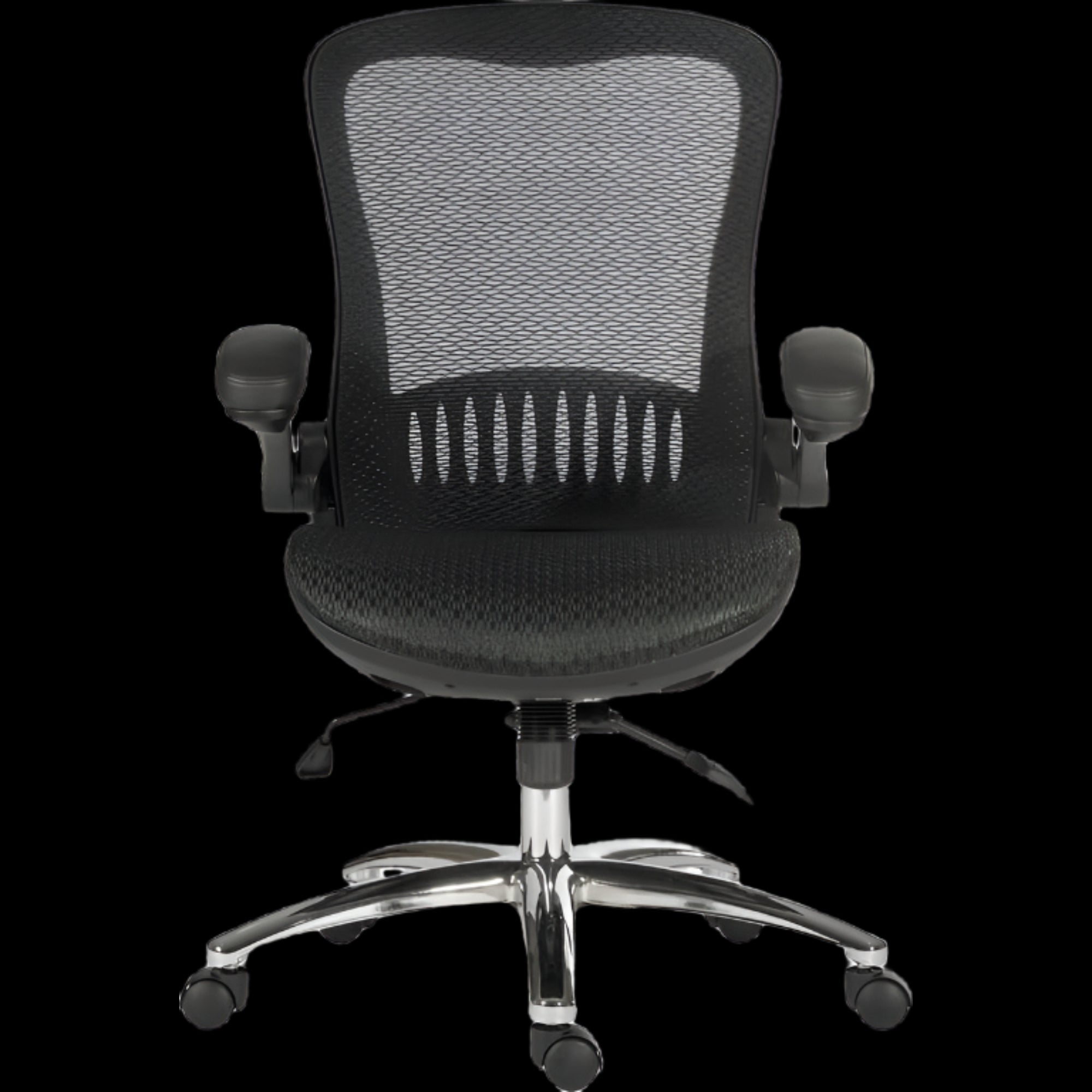 Black office chair with mesh back on a black background