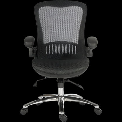 Black office chair with mesh back on a black background