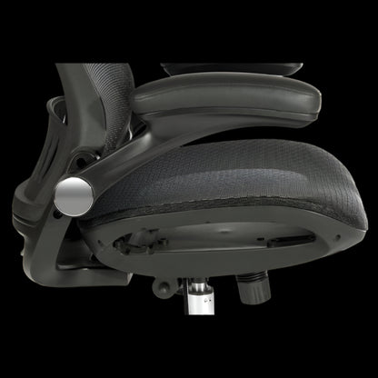 Close-up of a black office chair with adjustable features on a black background