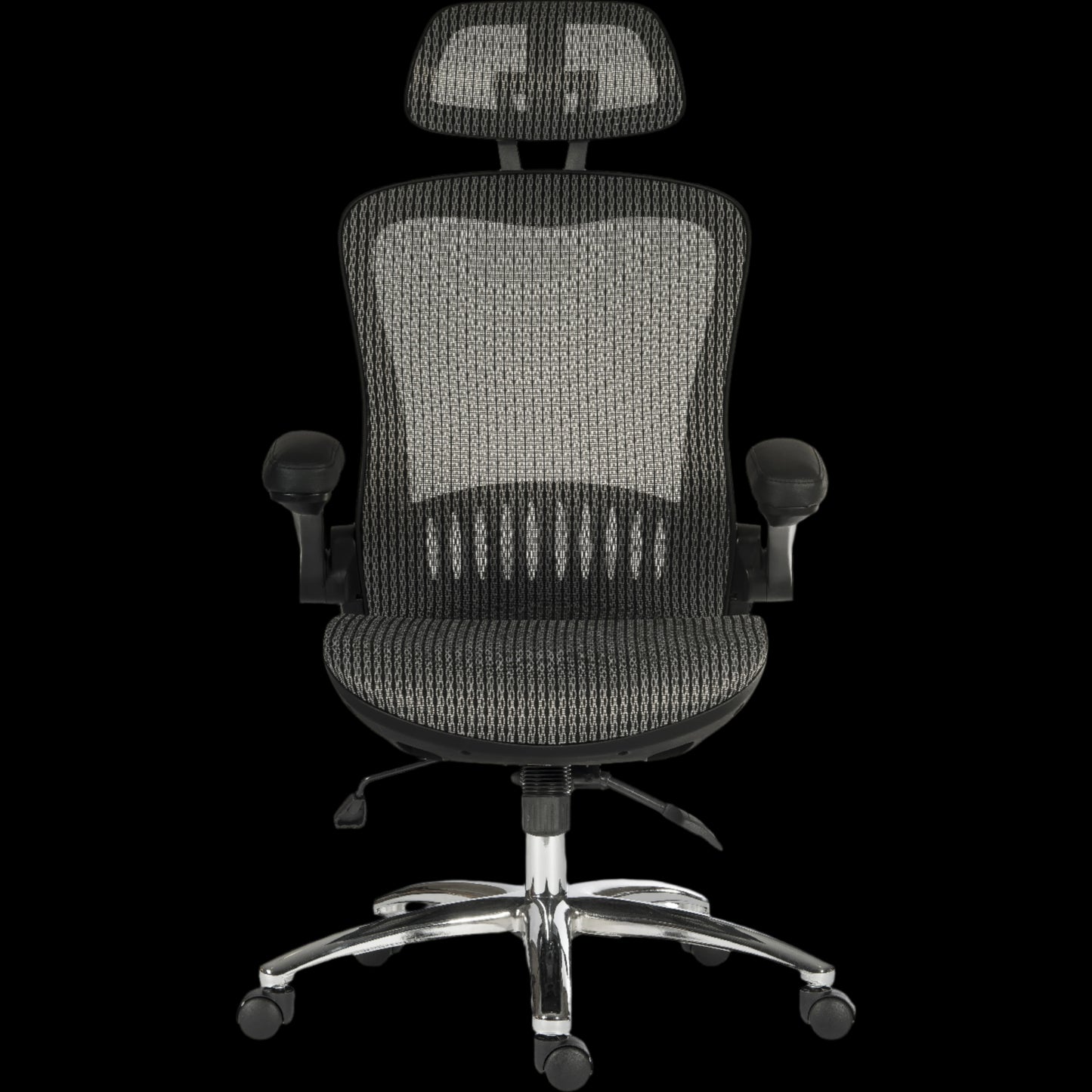 Gray office chair with mesh back and adjustable headrest on a black background