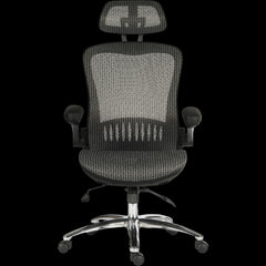 Gray office chair with mesh back and adjustable headrest on a black background