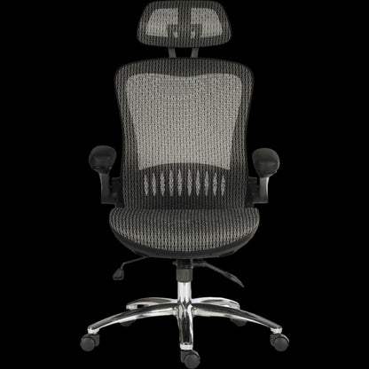 Gray office chair with mesh back and adjustable headrest on a black background