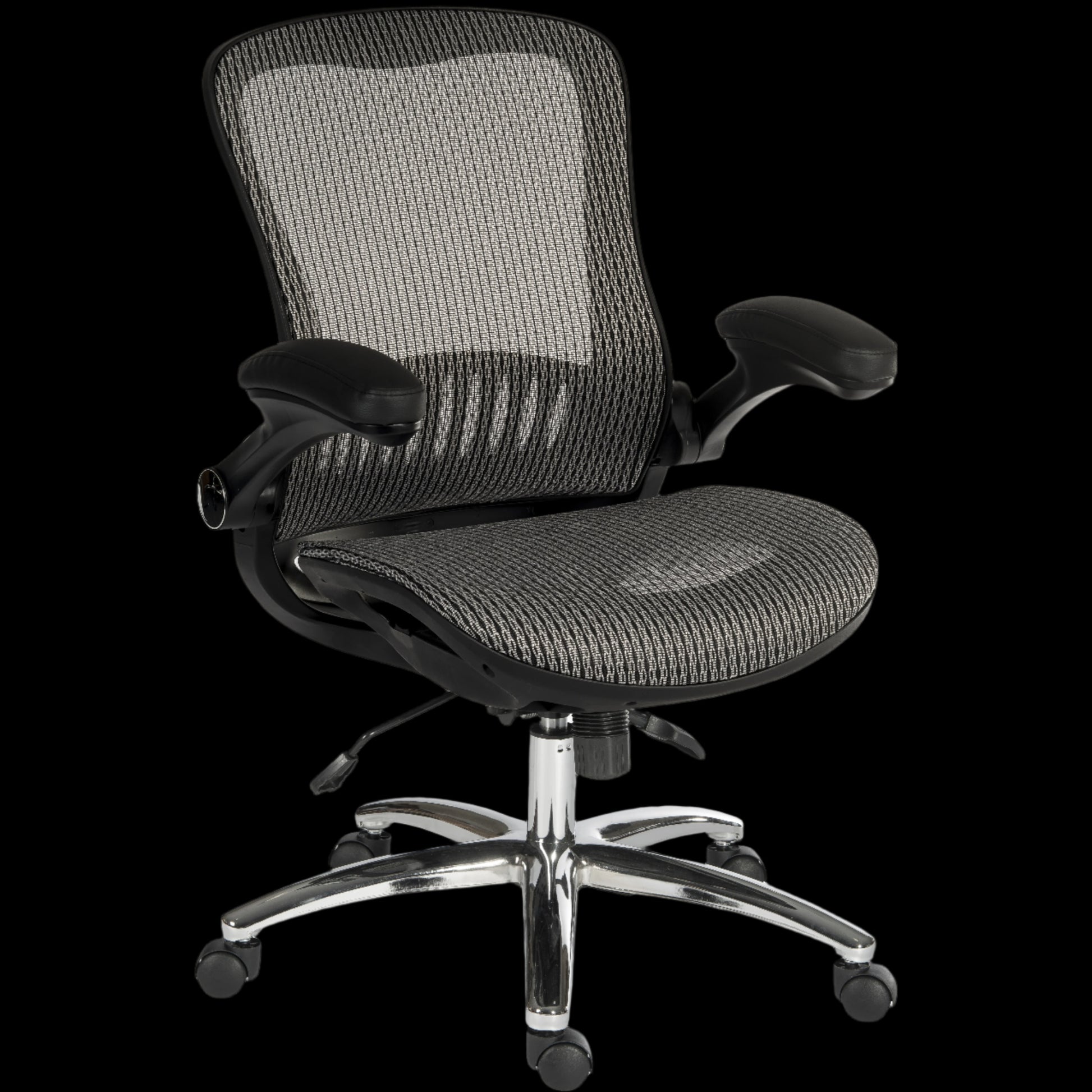 Gray office chair with mesh back and chrome base on a black background