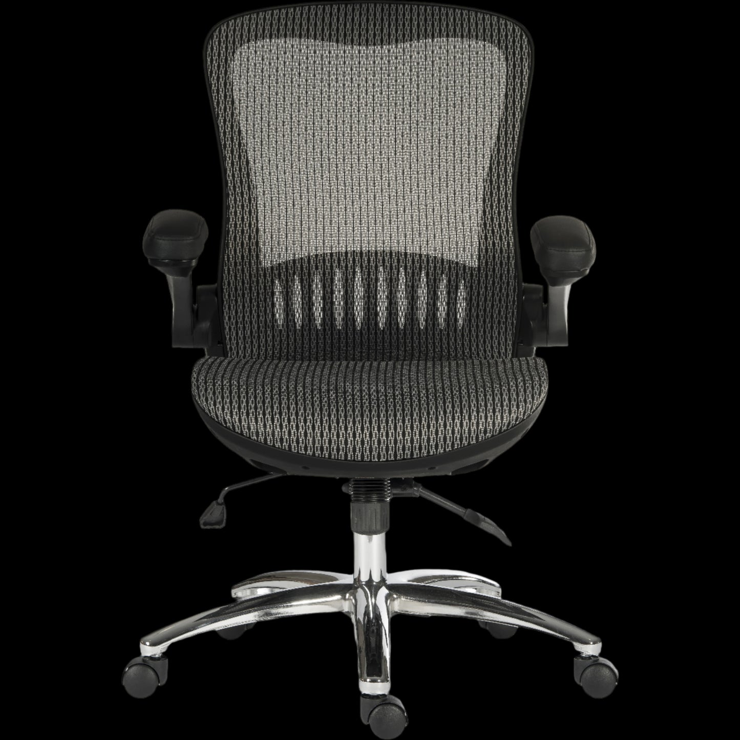 Grey office chair with mesh back and chrome base on a black background