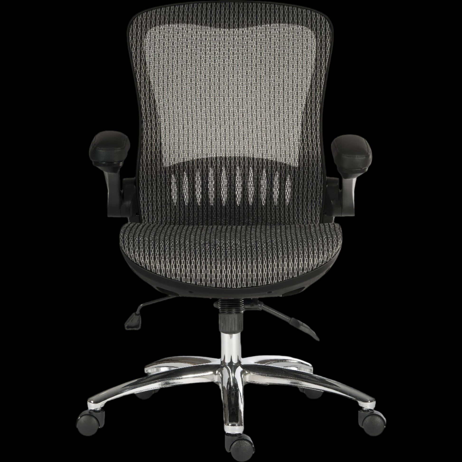 Grey office chair with mesh back and chrome base on a black background