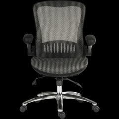 Grey office chair with mesh back and chrome base on a black background