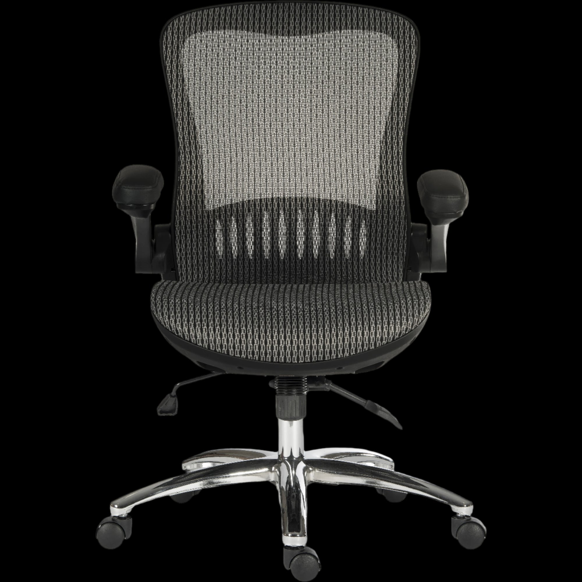 Grey office chair with mesh back and chrome base on a black background