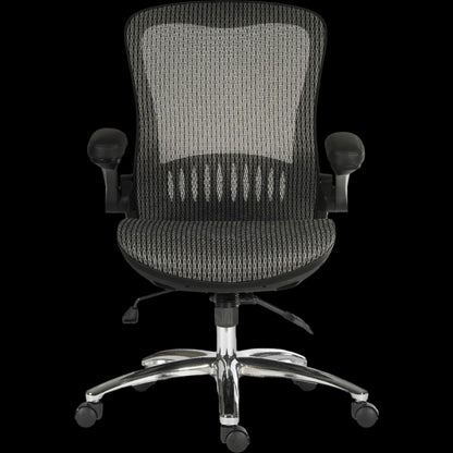 Grey office chair with mesh back and chrome base on a black background