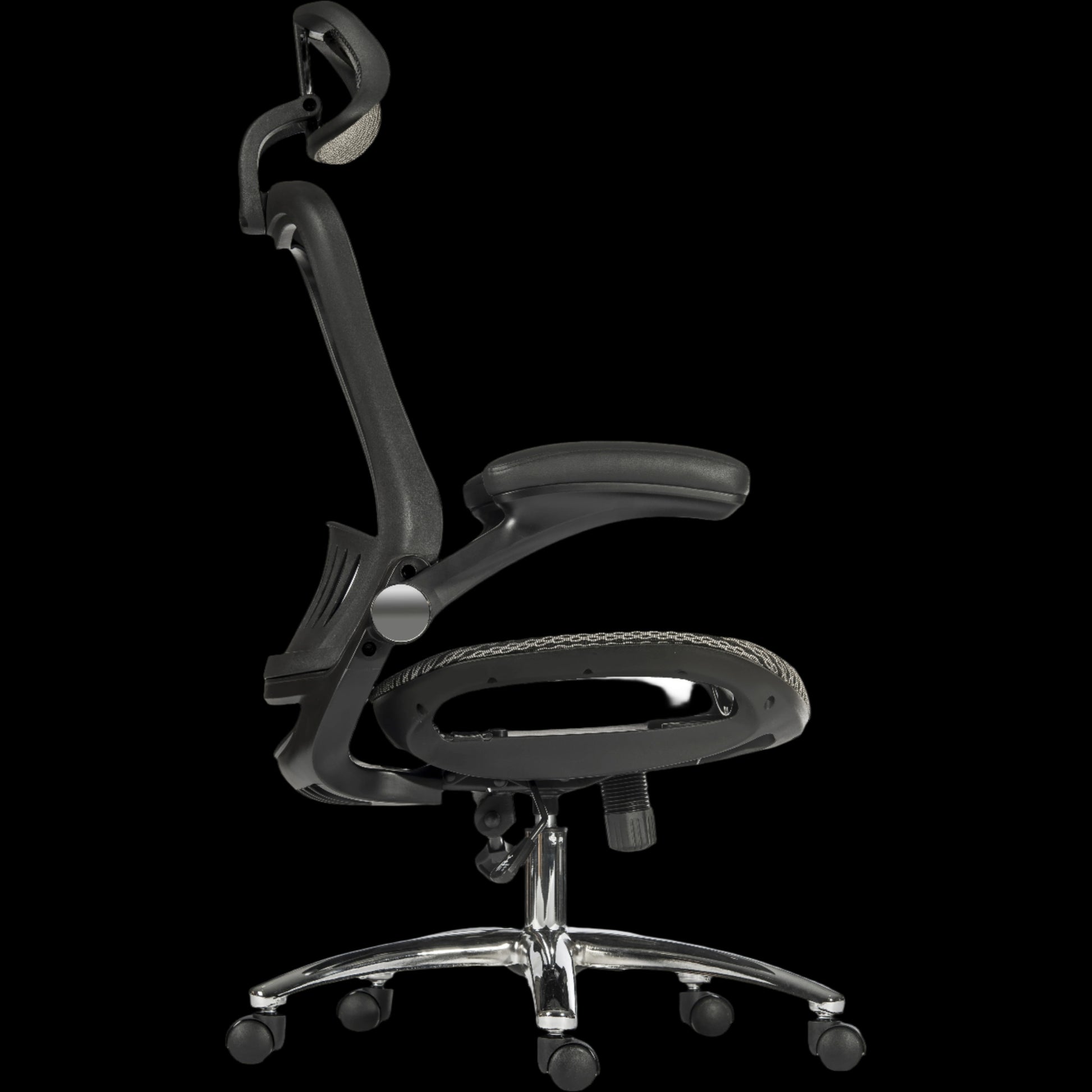 Grey office chair with adjustable armrests on a black background