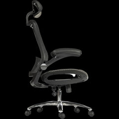 Grey office chair with adjustable armrests on a black background