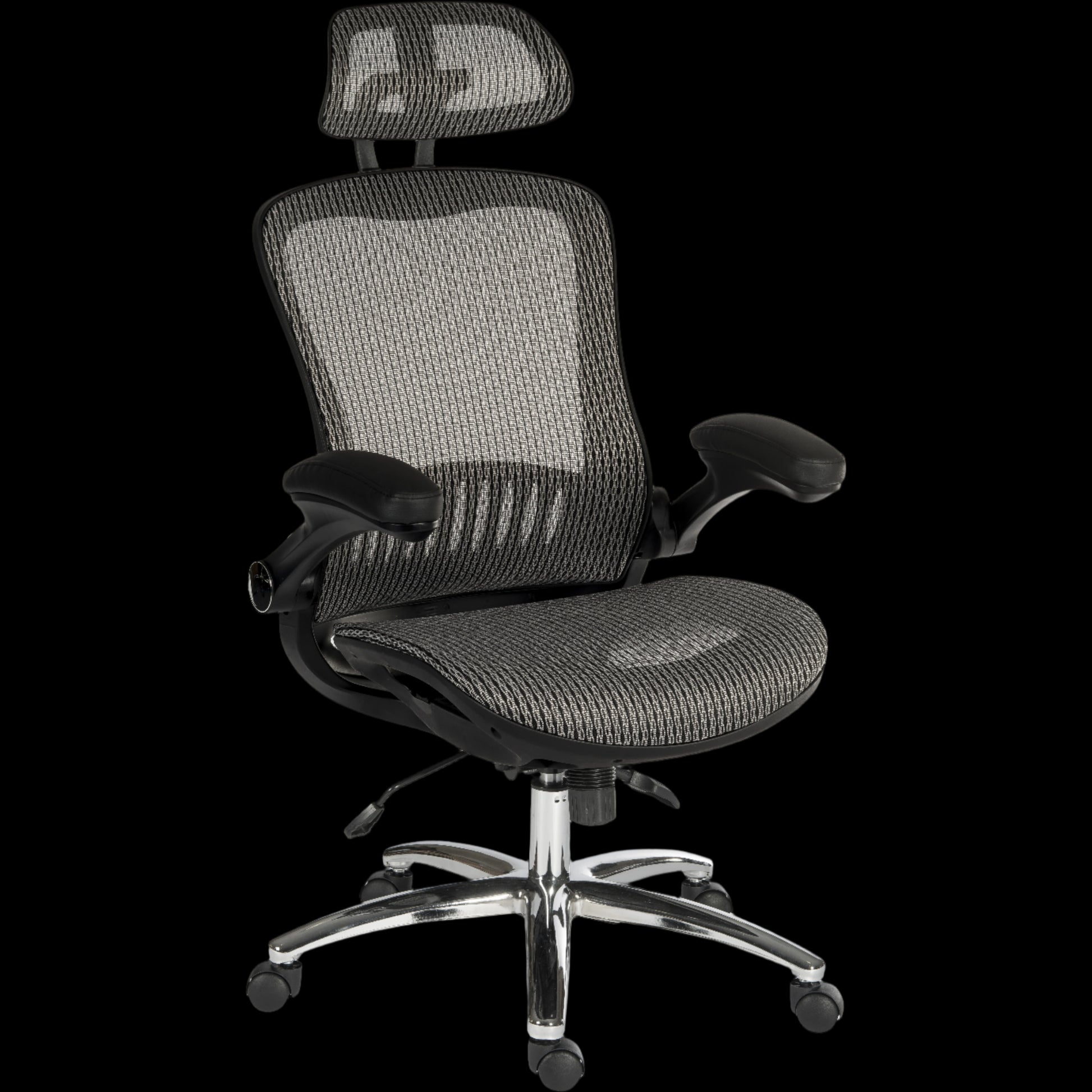 Gray office chair with headrest on a black background