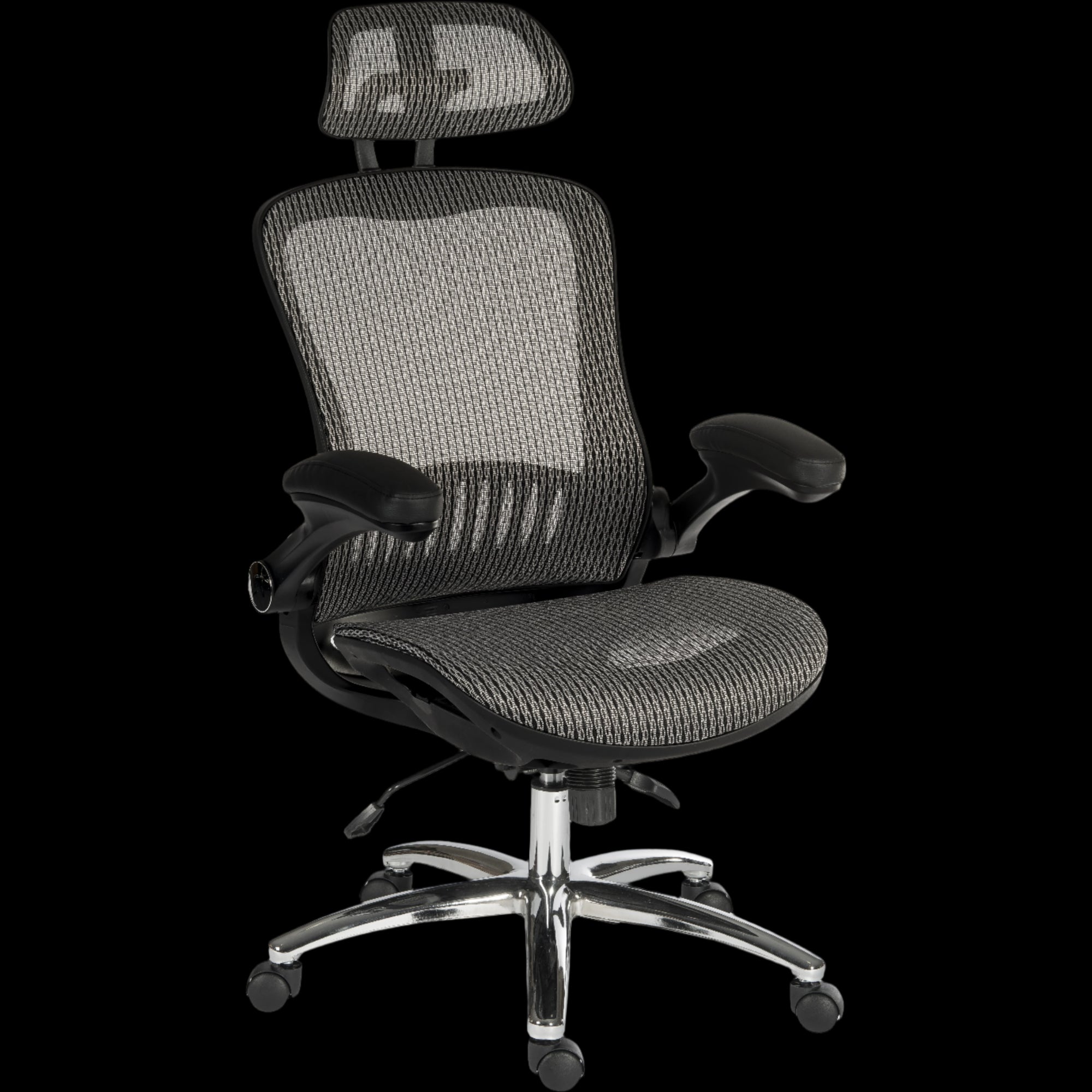 Gray office chair with headrest on a black background