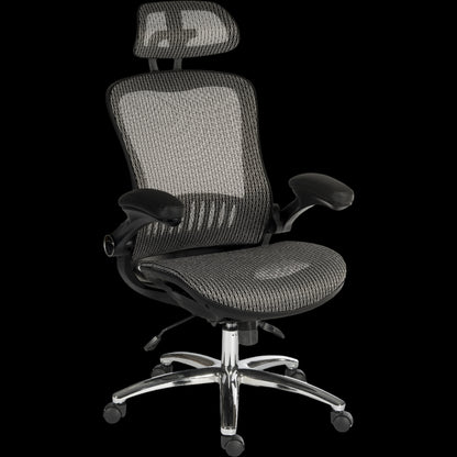 Gray office chair with headrest on a black background