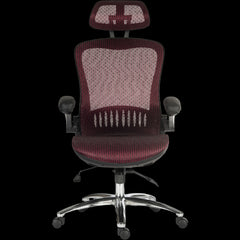 Maroon office chair with mesh back and chrome base on a black background