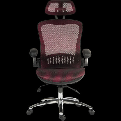 Maroon office chair with mesh back and chrome base on a black background