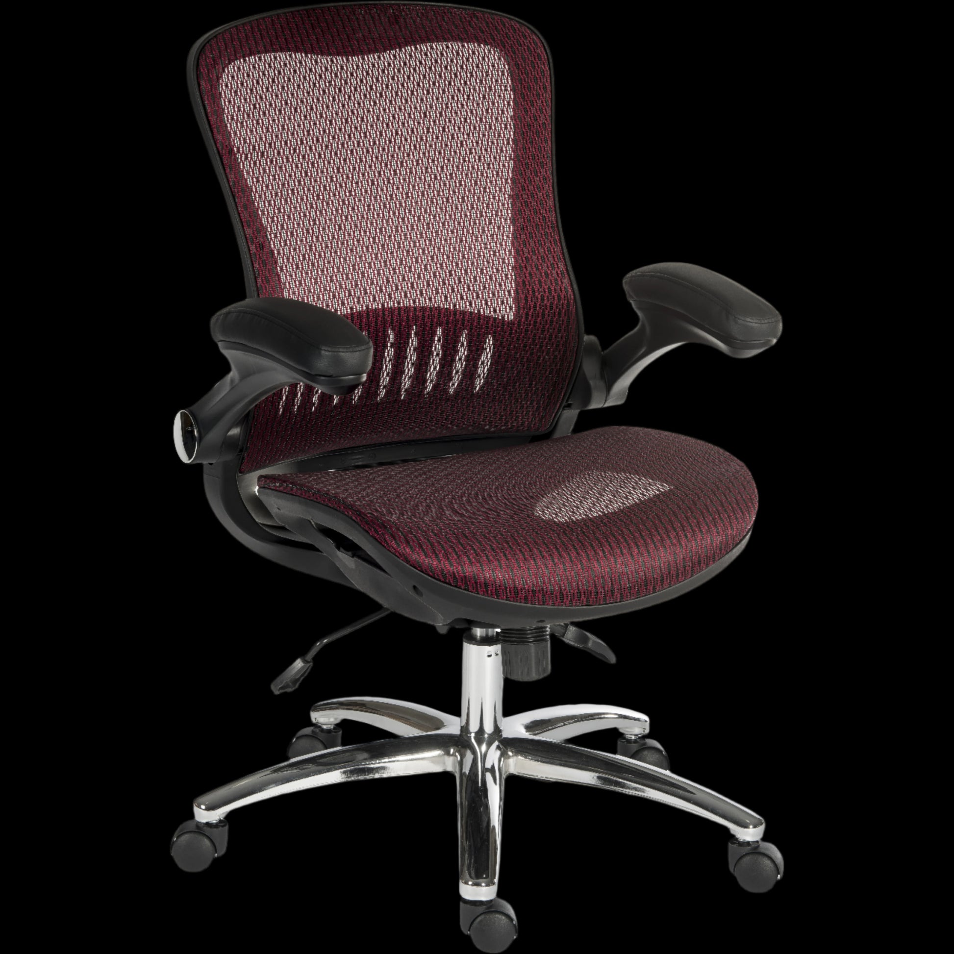 Maroon office chair with mesh back on a black background