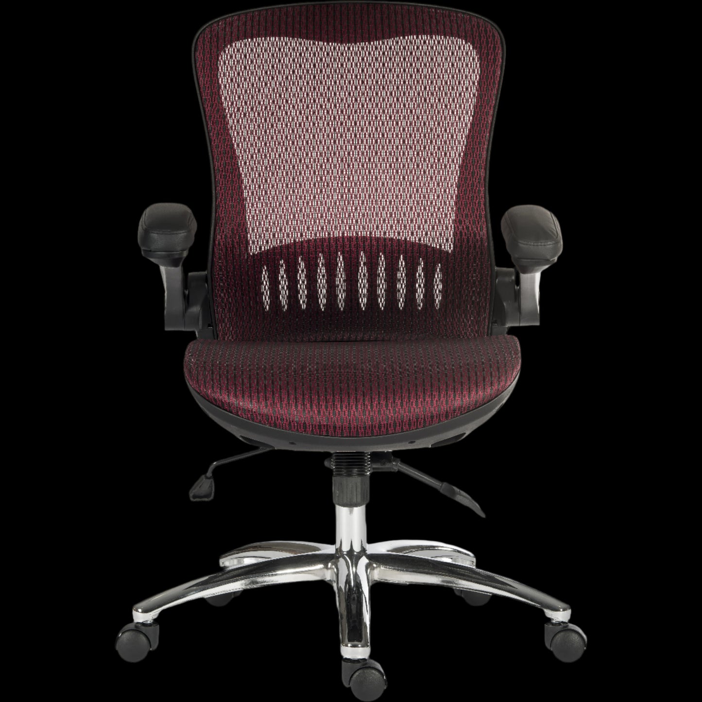 Maroon office chair with mesh back on a black background
