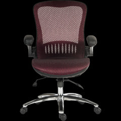 Maroon office chair with mesh back on a black background