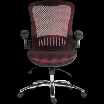 Maroon office chair with mesh back on a black background