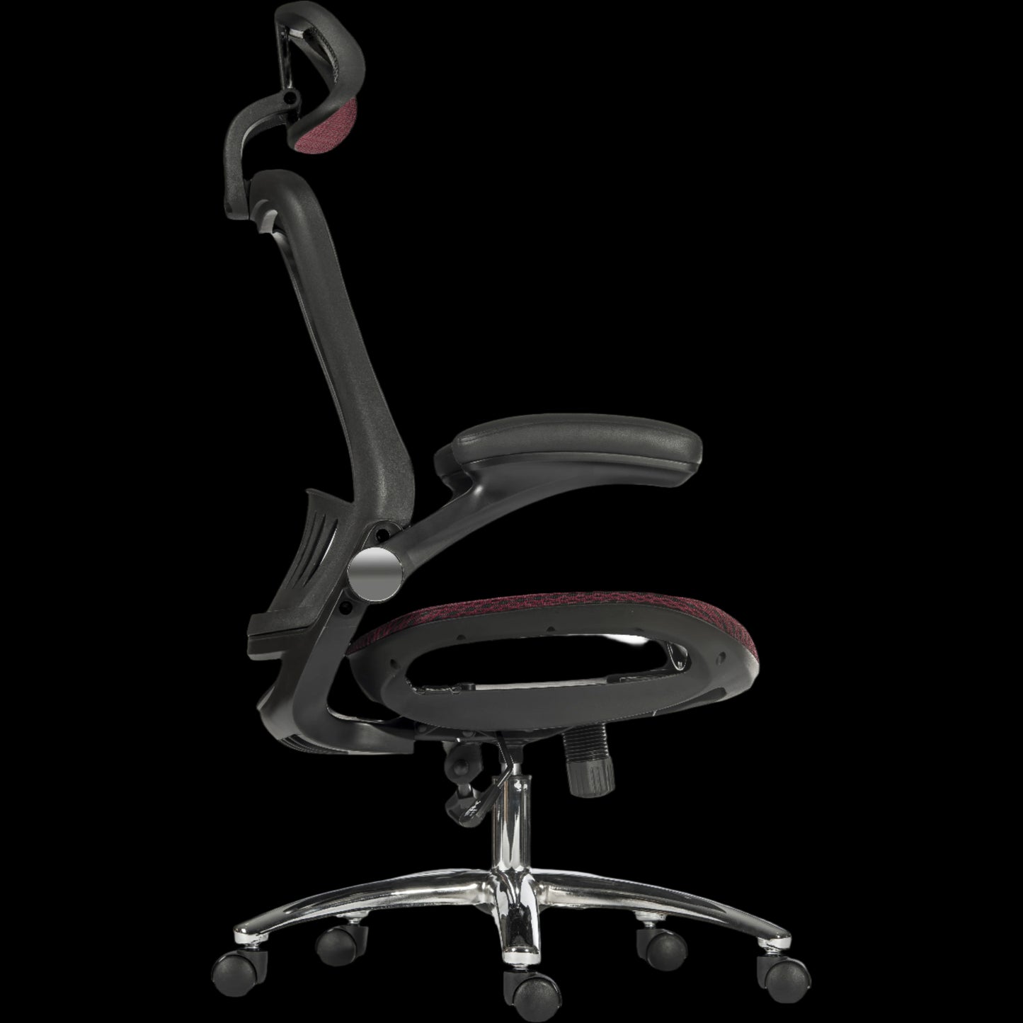 Red office chair with red accents on a black background