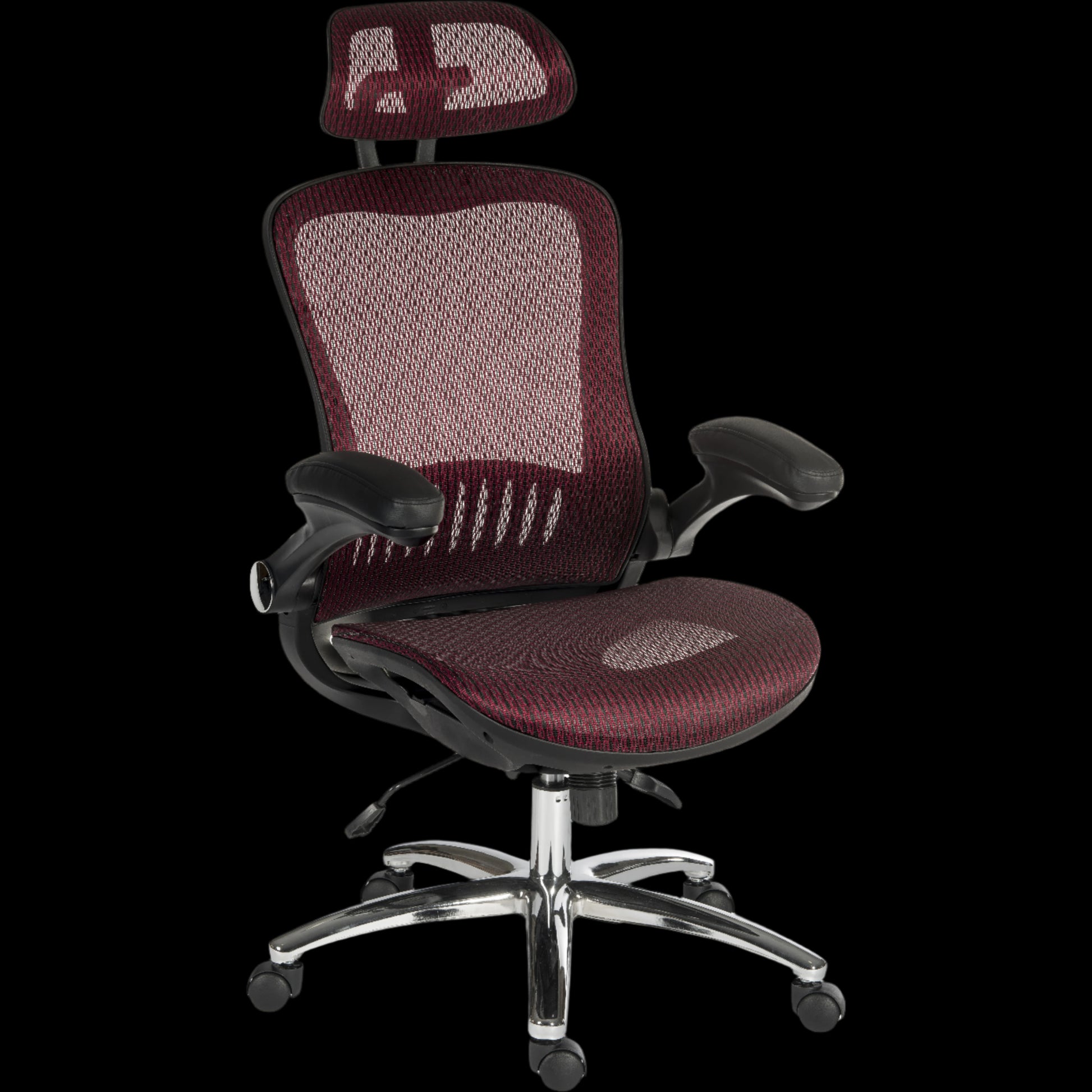 Maroon office chair with mesh back and chrome base on a black background