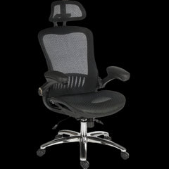 Black office chair with mesh back and adjustable armrests on a black background