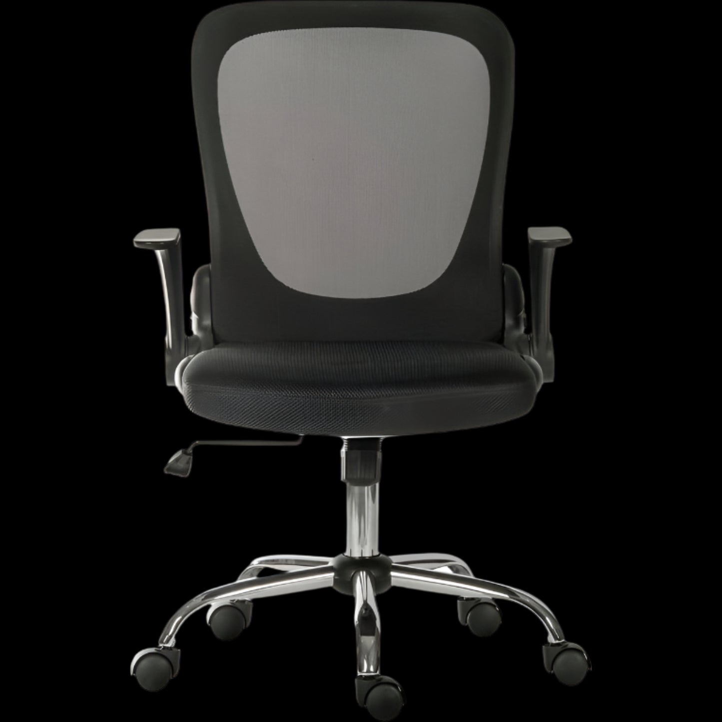 Black office chair with black mesh backrest on a black background