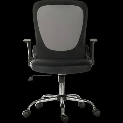 Black office chair with black mesh backrest on a black background