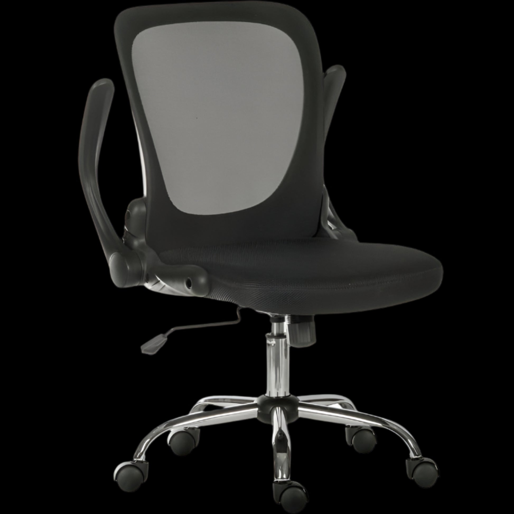 Black office chair with black mesh backrest on a black background