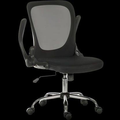 Black office chair with black mesh backrest on a black background