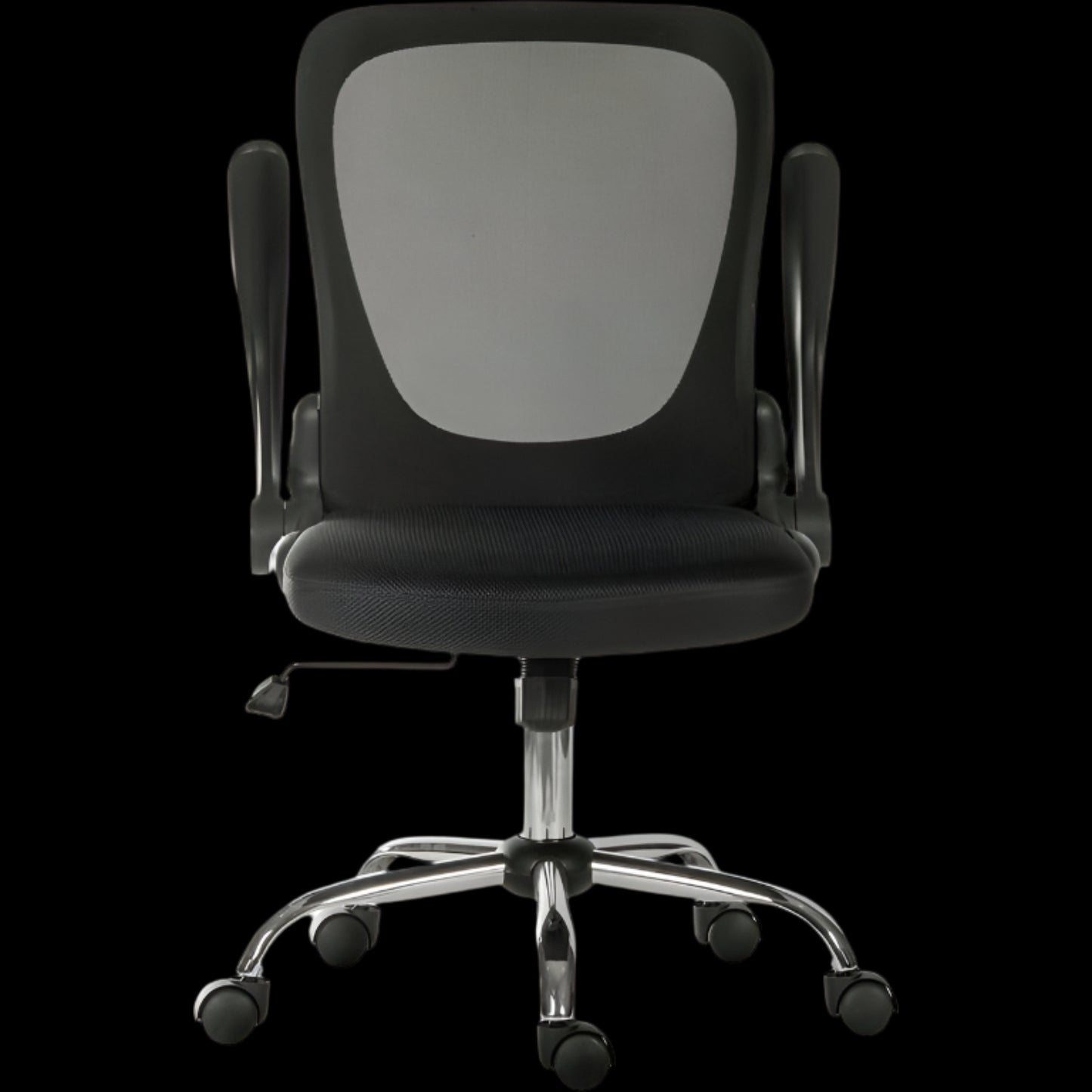 Black office chair with black  mesh backrest on a black background
