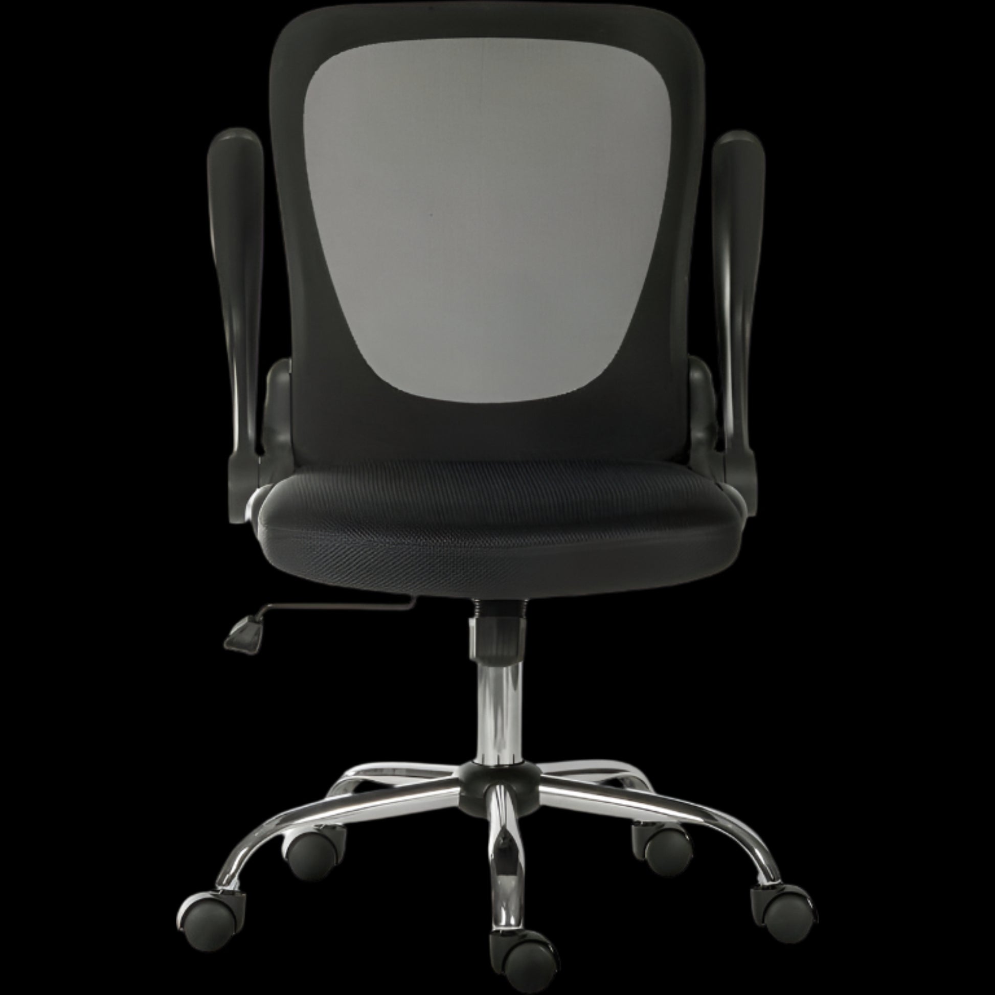 Black office chair with black  mesh backrest on a black background