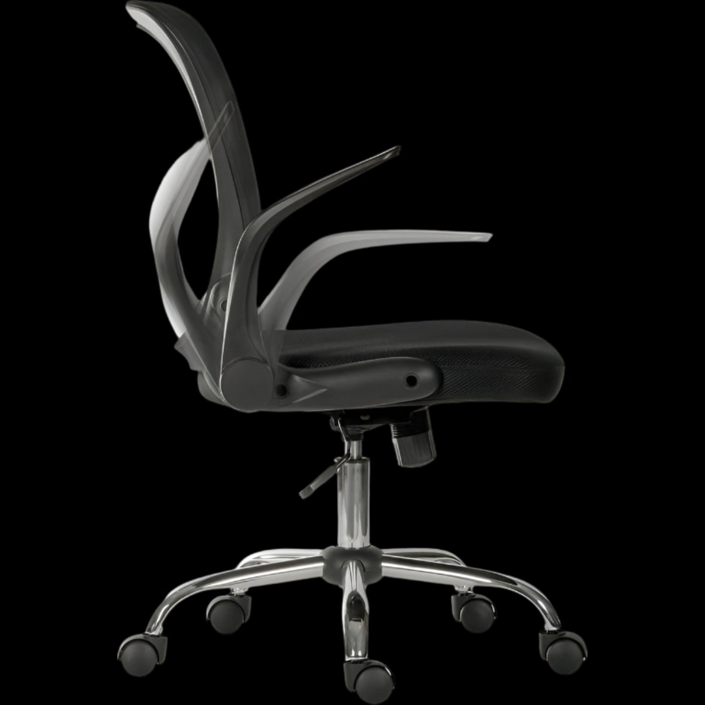 Black office chair with chrome base on a black background