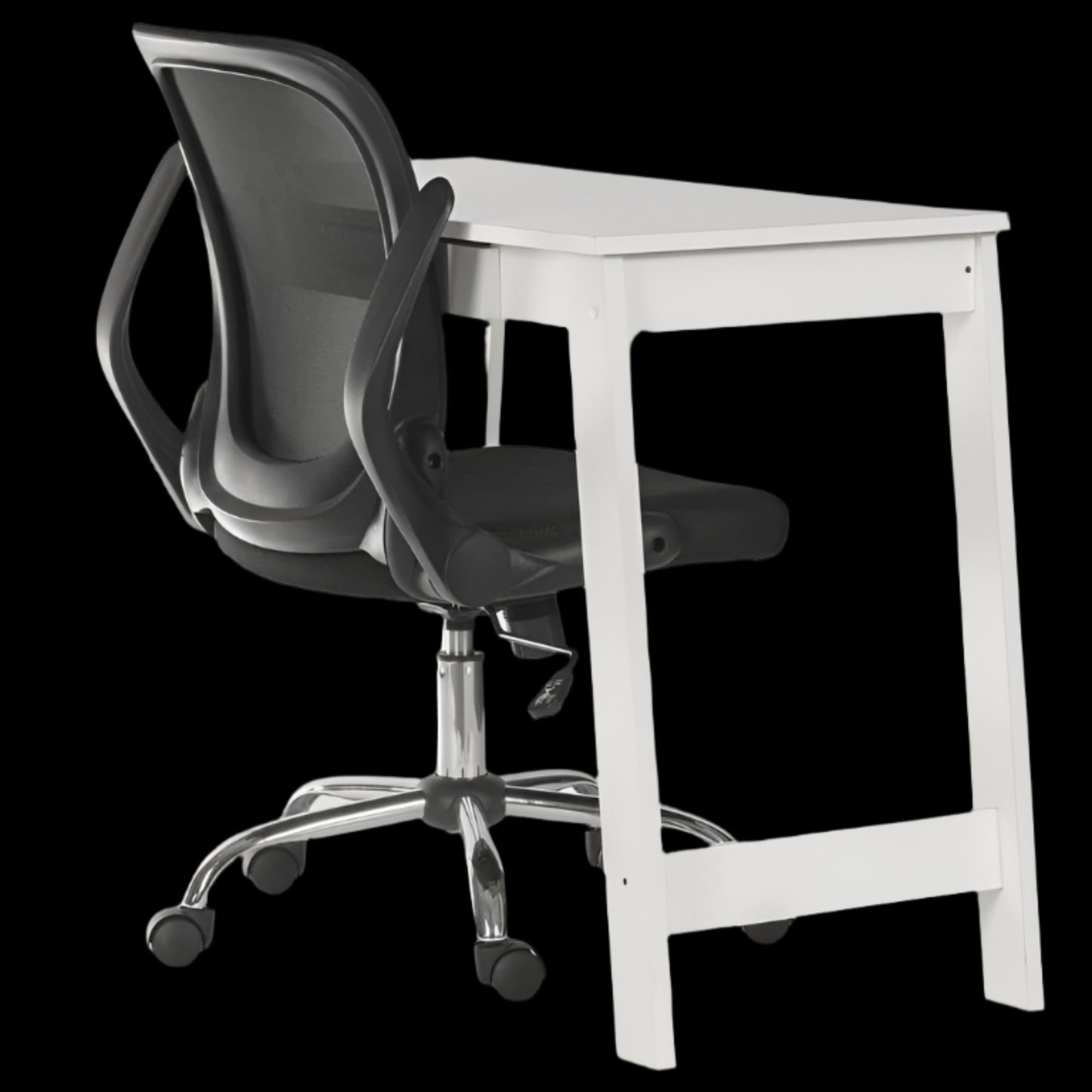 White desk with a black office chair on a black background