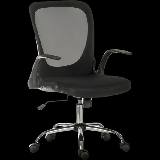 Black office chair with black mesh backrest on a black background
