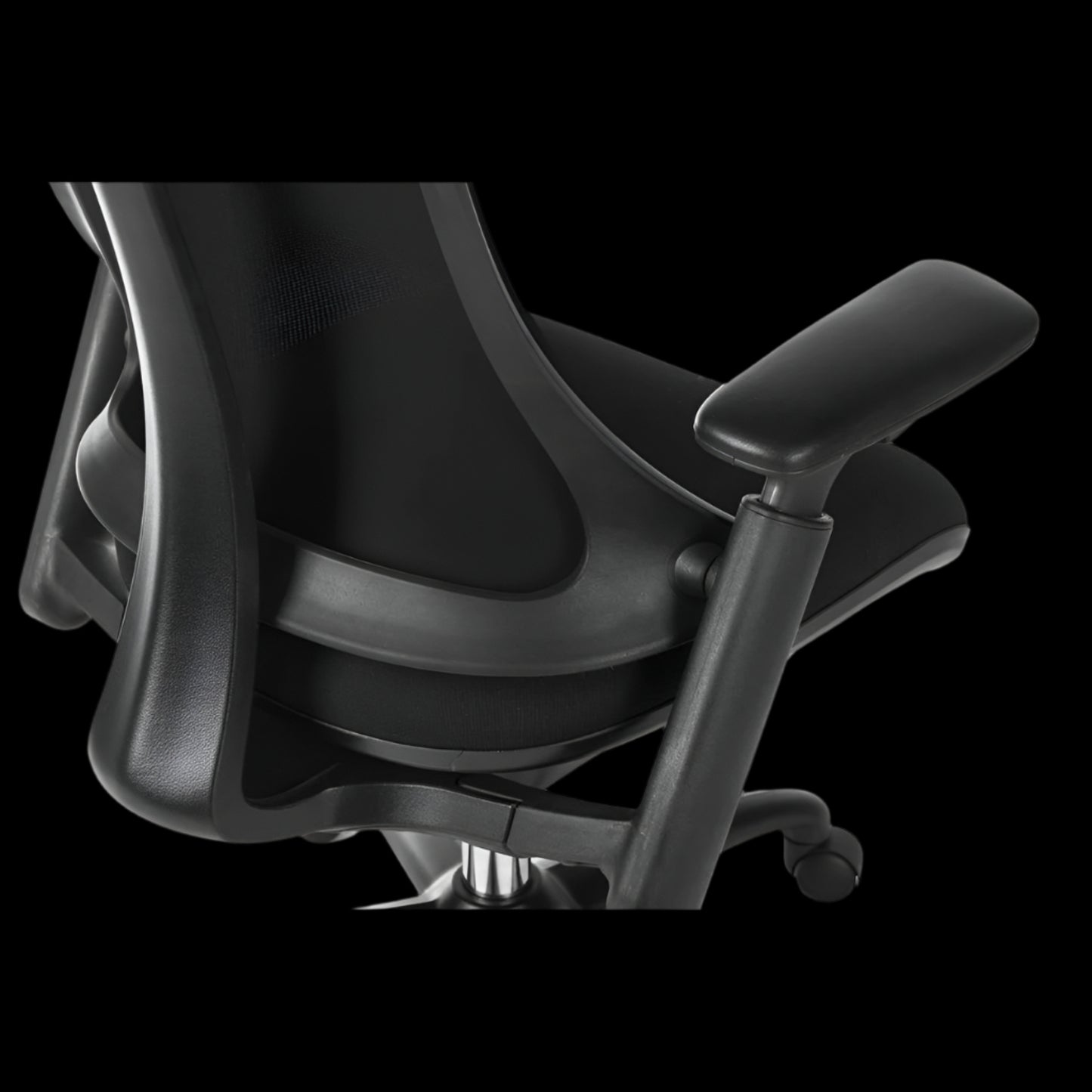 Black office chair with mesh backrest on a black background