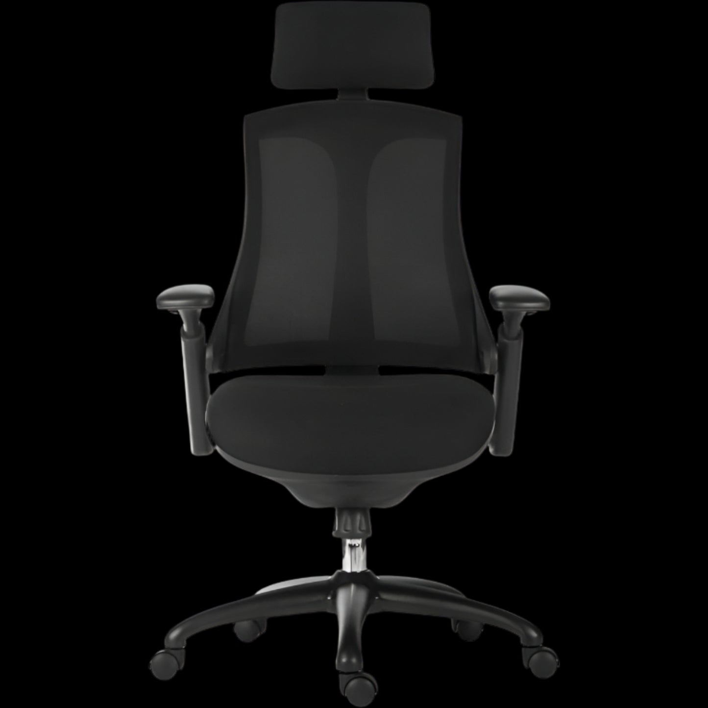 Black office chair with headrest on a black background