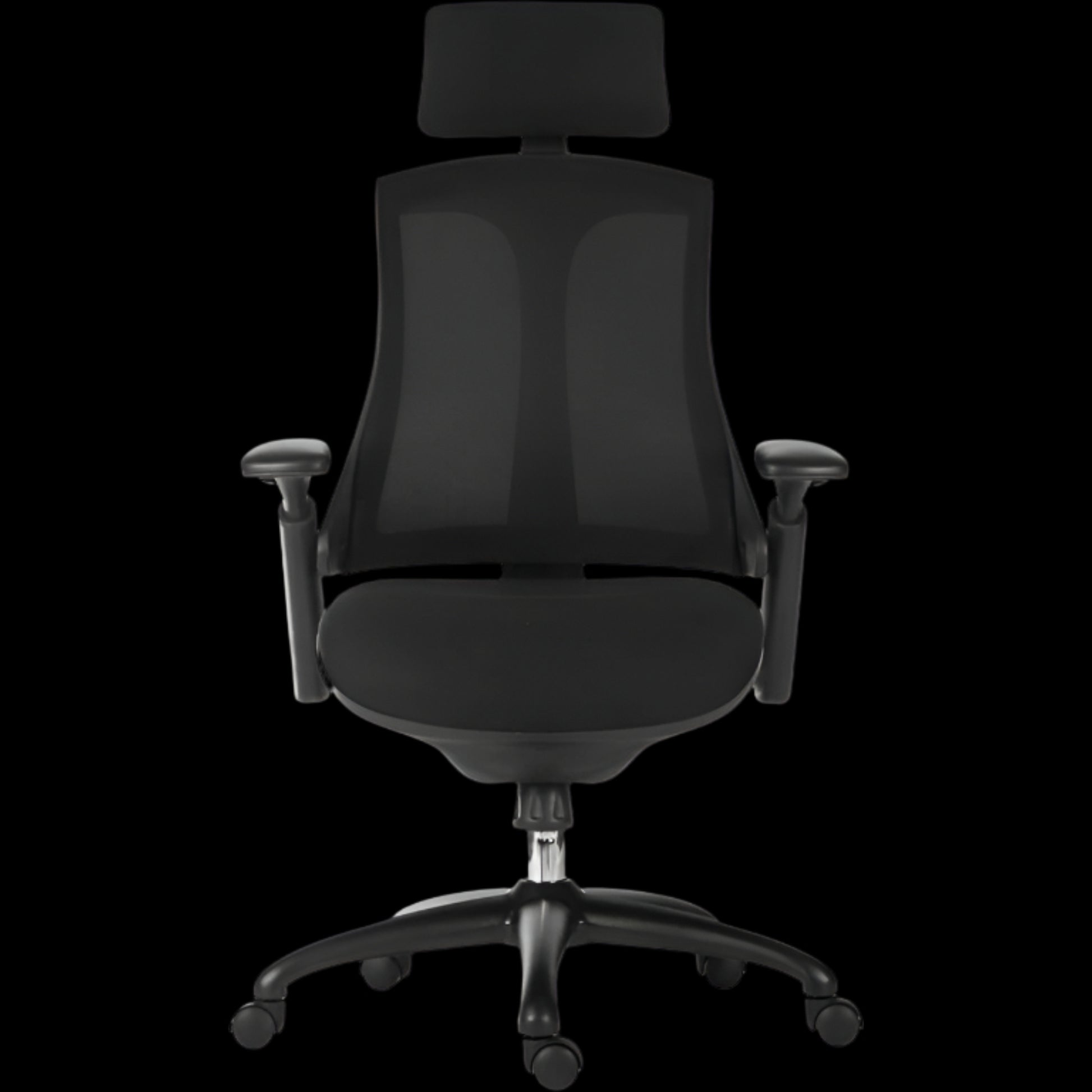 Black office chair with headrest on a black background