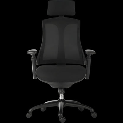 Black office chair with headrest on a black background