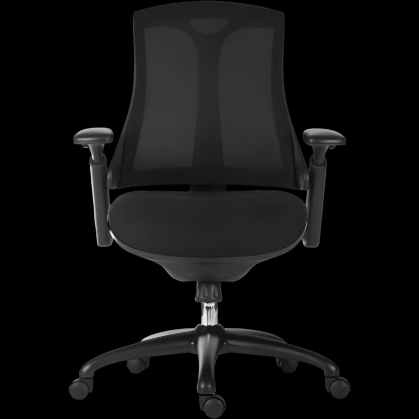 Black office chair with mesh back on a black background