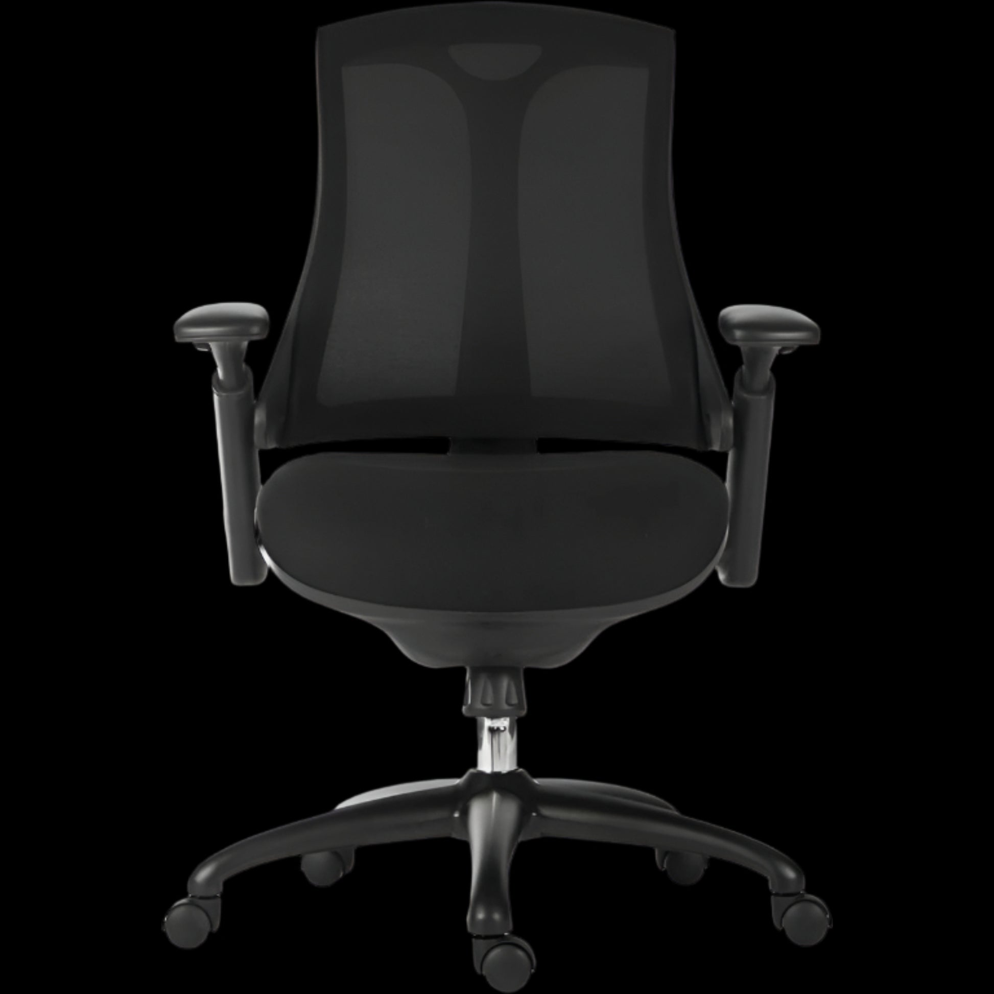 Black office chair with mesh back on a black background