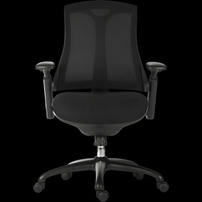Black office chair with mesh back on a black background