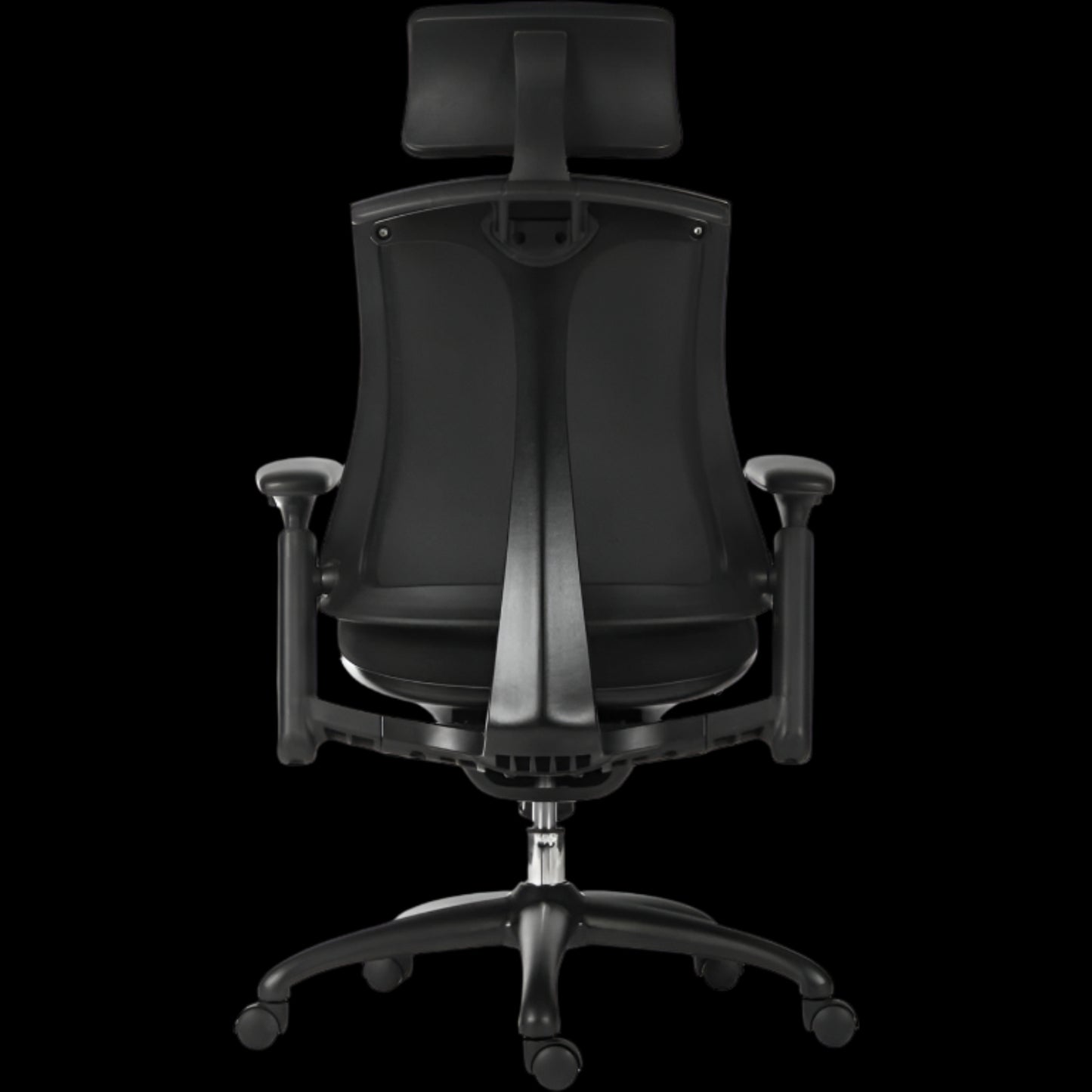 Black office chair with ergonomic design on a black background