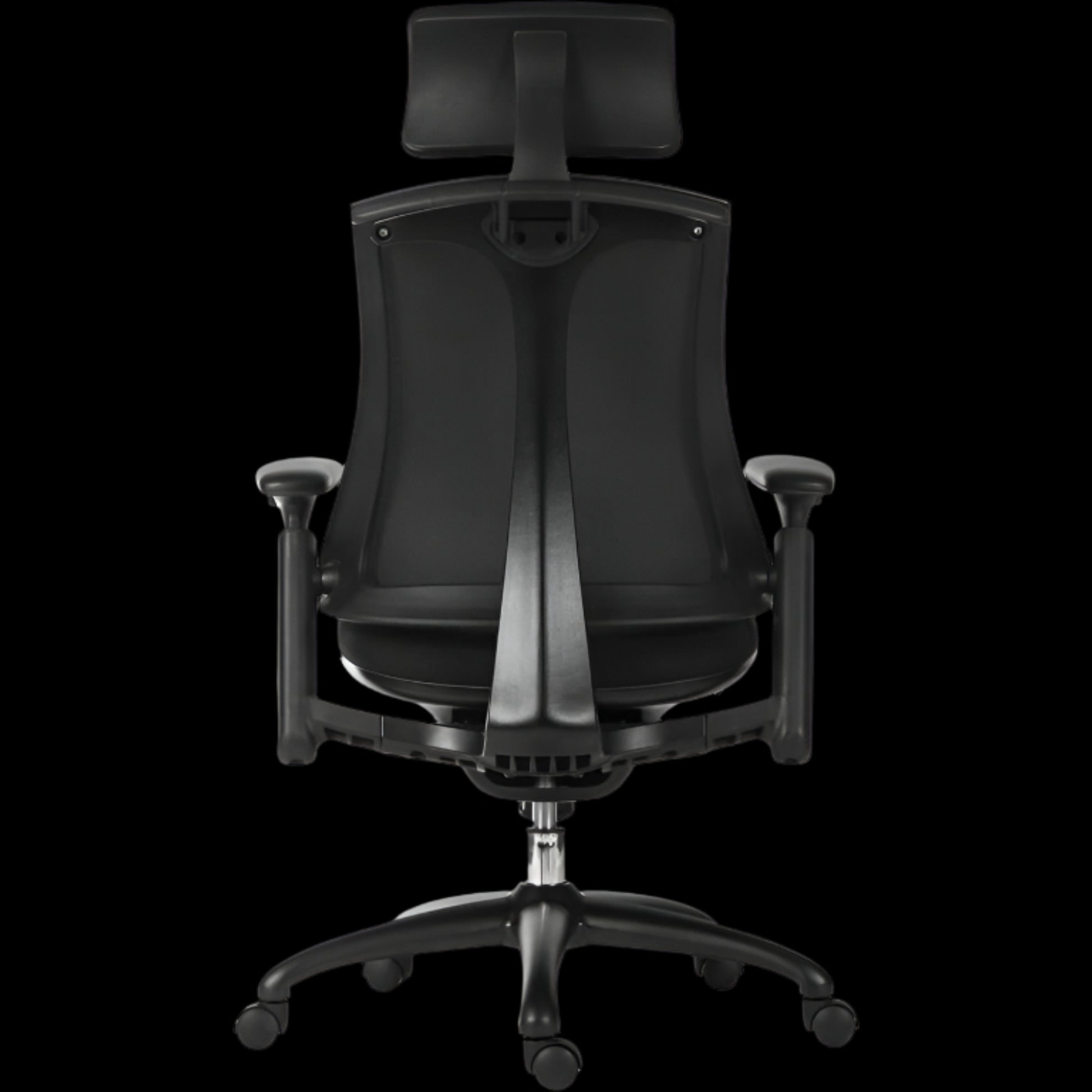 Black office chair with ergonomic design on a black background